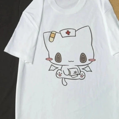 Women T Shirts Cartoon Printed Funny Couple Sweet Short Sleeve O Neck Loose Y2k Harajuku Tops Female Casual Tshirt