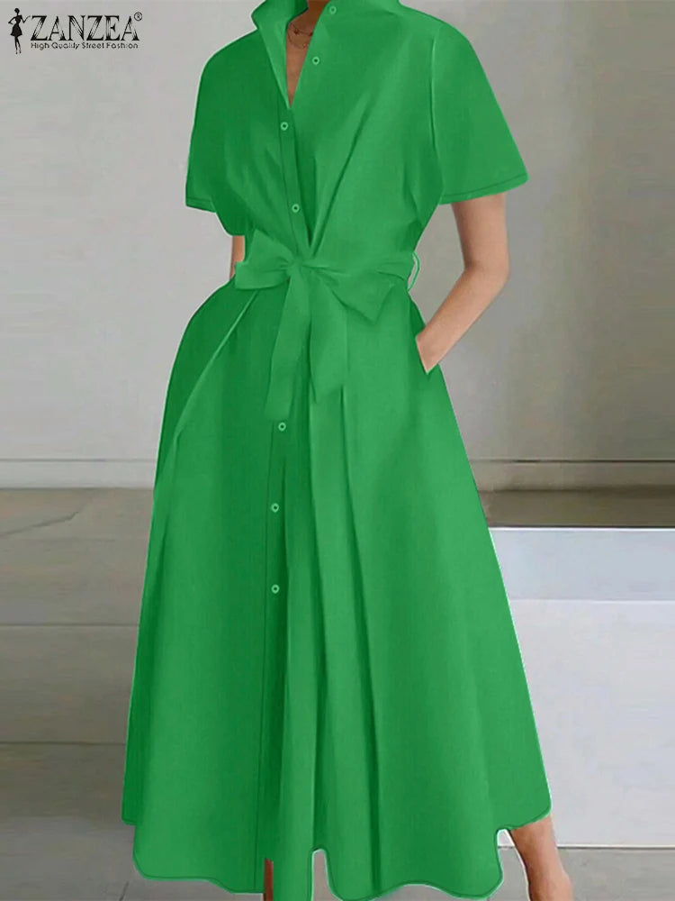 ZANZEA 2025 Summer Stylish Midi Dress Elegant Turn-down Collar Women Short Sleeve Vestidos Casual Streetwear Belted Shirt Dress