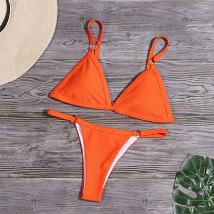 Woman Girl Beach Swimsuit Sexy Low Waist Split Swimwear Solid Color Bikini Set Two Piece Sling Backless Metal Buckle