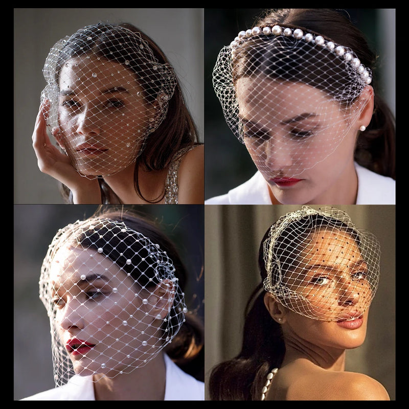 TOPQUEEN VA12 Wedding Birdcage Veil Bridal Blusher Veil White Headband Veil for Bridal Fascinators Black Face Net Mask Bachelore