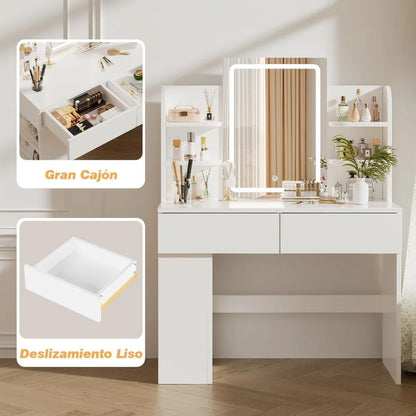 Makeup Dressing Table with Mirror and Led Dimmable Light, Makeup Vanity with 2 Drawers and 4 Shelves, Bottom Shelf, Desk Table,