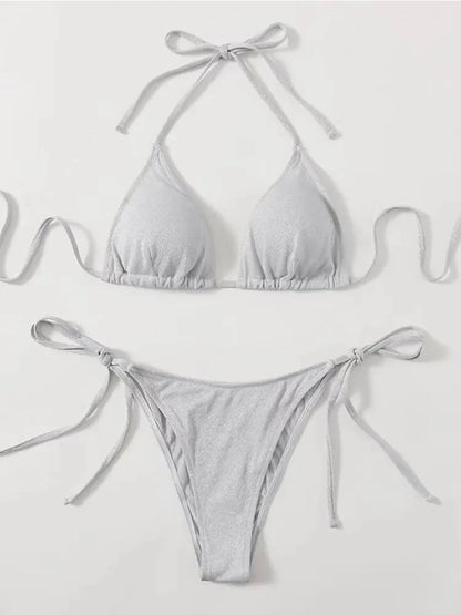 2025Sexy Bikini Set Shiny Triangle Bikinis Bandage Swimsuit Women Two Piece Swimwear Summer Biquini New Beachwear Push Up Bikini