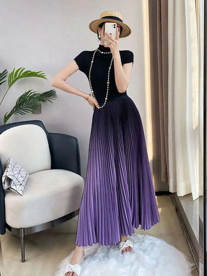 DEAT Women Gradient Color Skirt Elastic Waist Autumn 2024 New Loose Casual Versatile Fashion Tide Elegant Female 15KB594
