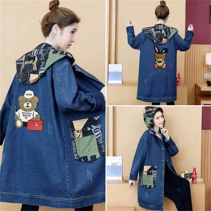 2025 Spring Autumn Denim Jacket Women Hooded Windbreaker Cartoon Printed Coat Long Outerwear Female Oversize 5XL Loose Overcoat