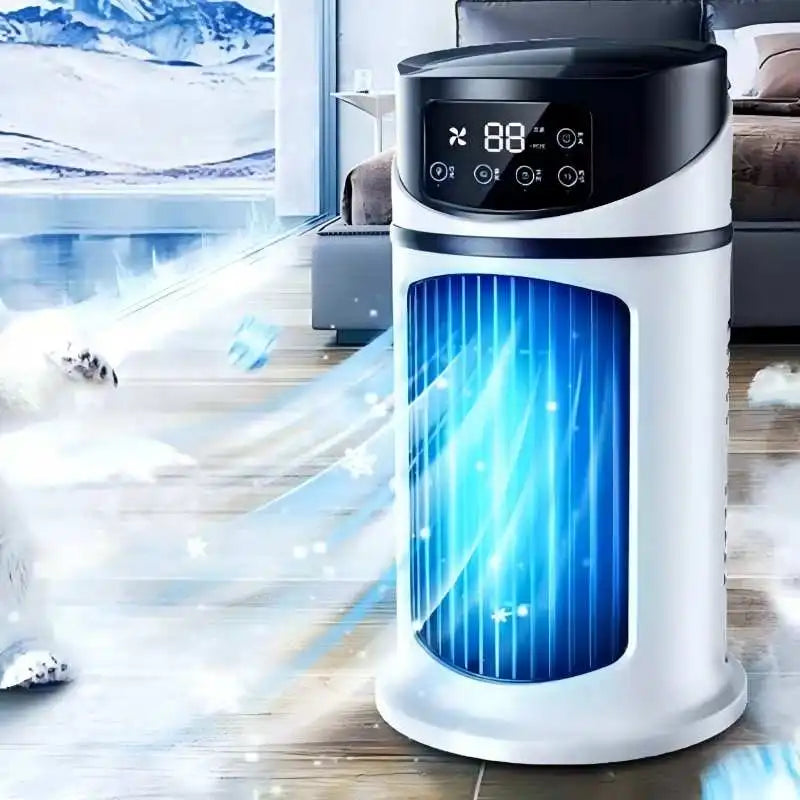 Portable 6-speed electric fan, equipped with air purifier, plastic evaporator humidifier and cooling and heating functions