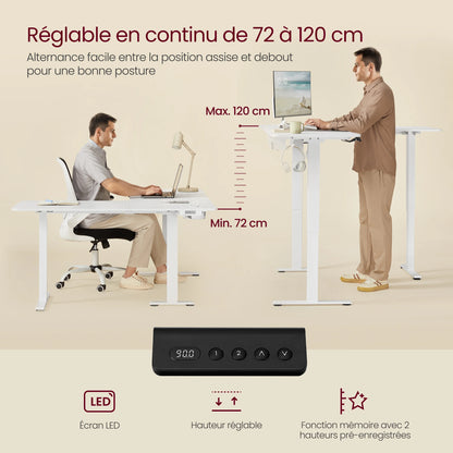 Electric Height Adjustable Desk, 140 x 160 cm, with Power Strip, 2 Height Memory Function, Cloud White/Rustic Brown