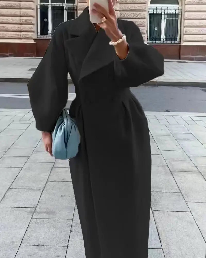 Elegant Solid Woolen Blend Overcoat Women Fashion Thick Lapel Double-Breasted Long Sleeve Jacket 2025 Spring Autumn Lady Outwear
