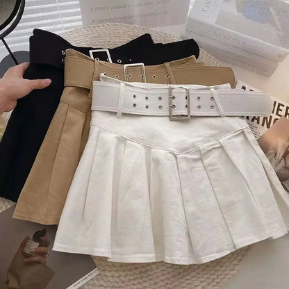 Xpqbb Summer Pleated Skirt Women Korean Fashion with Belt Mini Skirts Girl Kawaii High Waist School Uniform A-Line Short Skirts