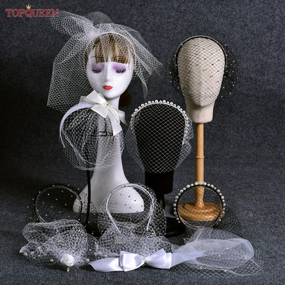 TOPQUEEN VA12 Wedding Birdcage Veil Bridal Blusher Veil White Headband Veil for Bridal Fascinators Black Face Net Mask Bachelore