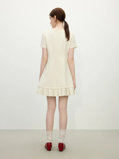 FSLE Women Summer Short Dress Patchwork Pleated Design Short Sleeve Mini Dress Solid Sweet Style Female Dress 25FS12062
