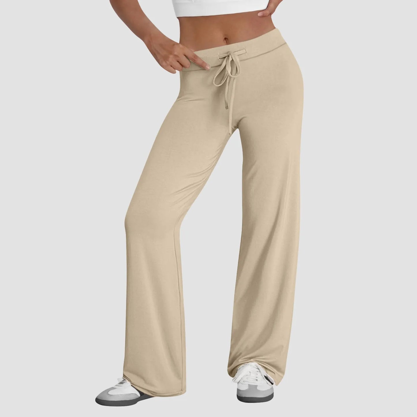 Activewear Women Wide Leg Pants Casual Cotton Yoga Pants With Pockets High Waist Drawstring Baggy Sweatpants Flare Leggings
