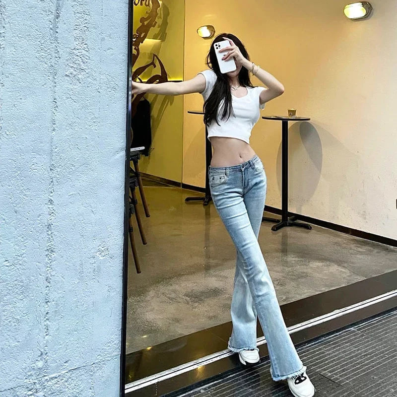 Blue Bell Bottom Flared Women's Jeans with Pockets Trousers Low Rise Waist Pants for Woman Flare Xxl Office Vibrant Loosefit Z R