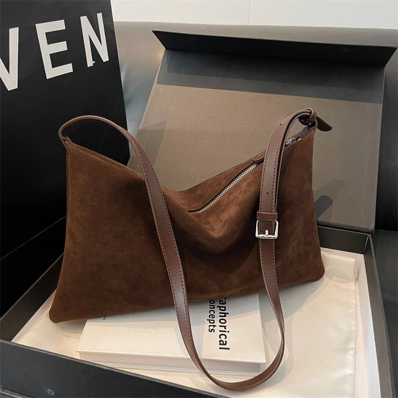 Vintage Suede Tote Bag For Women Autumn Winter New Large Capacity Commute Shoulder Crossbody Bags Fashion Trend Underarm Bags
