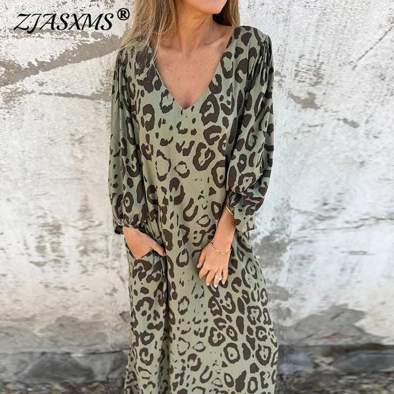 Vintage Leopard Print Loose Long Dresses Women 2025 Spring Elegant V Neck Pocket Maxi Dress Autumn 3/4 Sleeve Boho Holiday Dress