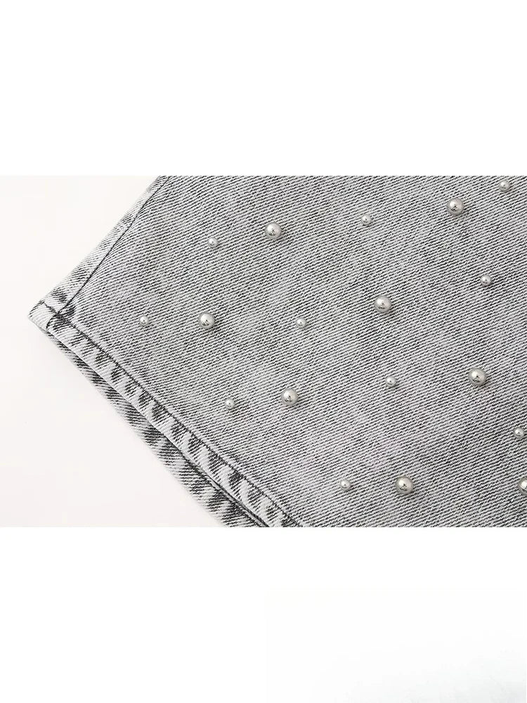 KONDALA Vintage Casual Chic Women Skirt Solid Slim Faux Pearls Denim Short Skirt New Fashion 2024 Summer Streetwear Mini Skirt