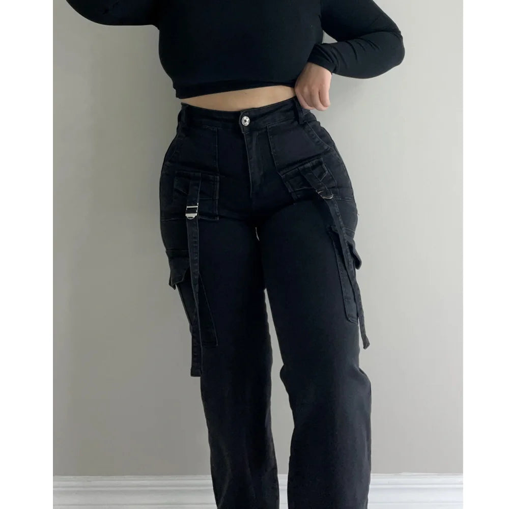 Fashion Women Streetwear Side Pocket Cargo Straight Denim Straight Safari Style Jeans Wide Leg Jeans Trousers Hip-hop Streetwear