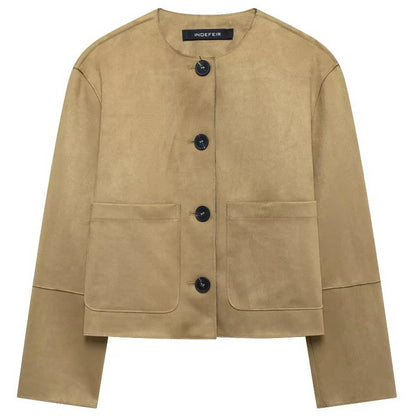 HXAO Suede Jacket Women Spring Outerwears 2025 New In Coats & Jackets Crop O-Neck Button Long Sleeve Coats Chic Elegant Jackets