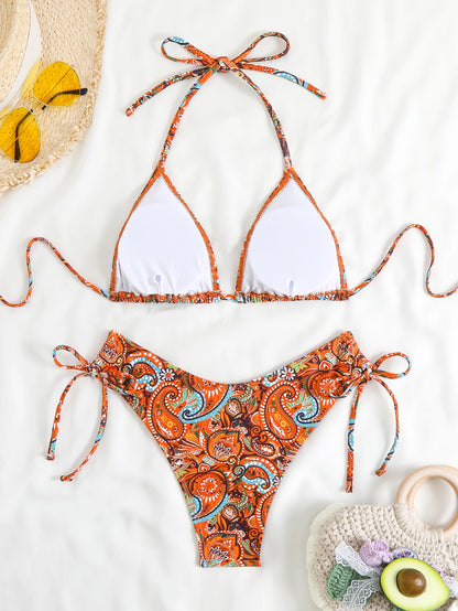 2026 Halter Triangle Bikinis Printed Swimsuit Women Sexy String Swimwear Female Bathers Swimming Bathing Swimming Swim Suit
