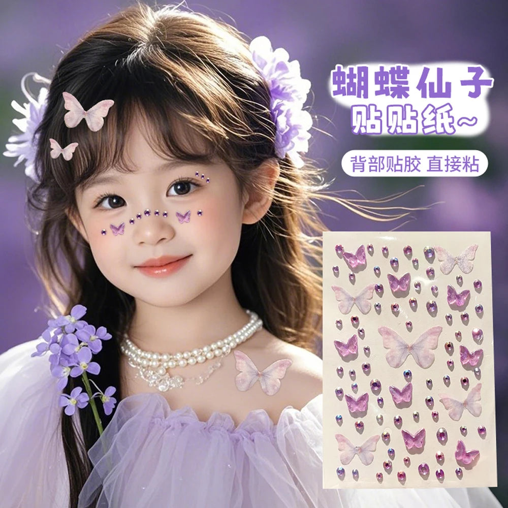 1/3/5 Sheets Kawaii Children's Butterfly Face Stickers Self-adhesive Pink/Green Elf Rhinestone Resin Butterfly Decals For Makeup