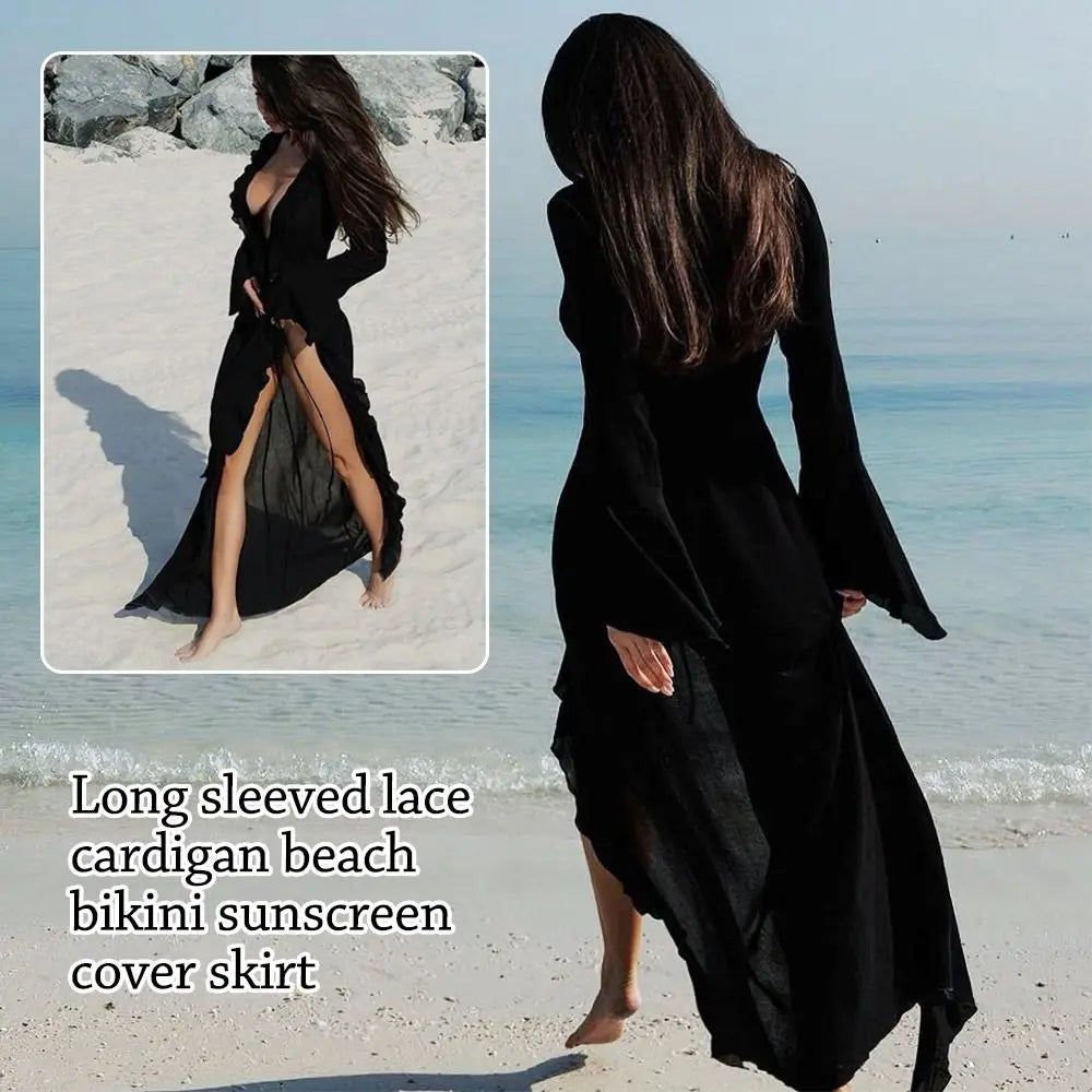 V Neck Summer Beach Cover Up Ruffled Loose Bikini Sunscreen Smock Bathing Suit Long Sleeve Swimsuit Cover Up Dress for Women