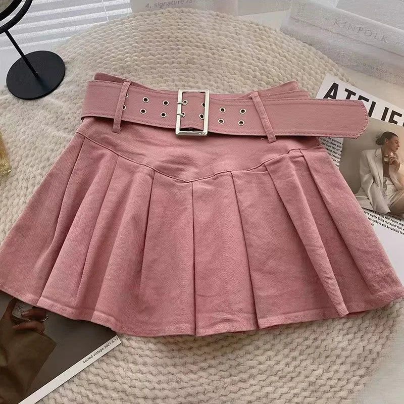 Xpqbb Summer Pleated Skirt Women Korean Fashion with Belt Mini Skirts Girl Kawaii High Waist School Uniform A-Line Short Skirts