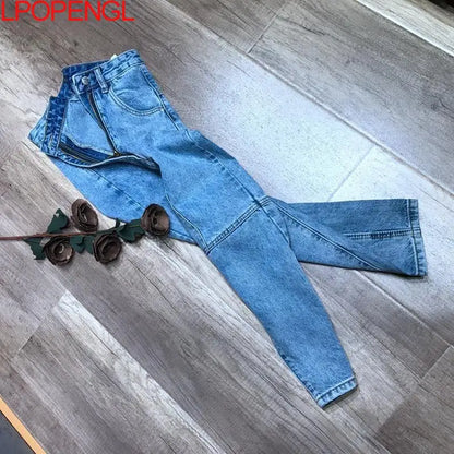 Women High Waist Chic Nine Points Harem Blue Jeans Hip Hop Street Cross-pants Full Length Clothing Boyfriend Washed Pants