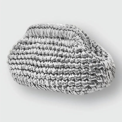 Yingzi Women's Silver Cloth Strip Crochet Clip Bag Woven Underarm Bag Clutch Large Size