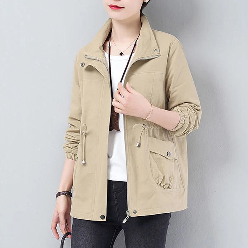 Double Layer Women Spring Autumn Korean Plus Size Lining Windbreaker Drawstring Waist Stand Collar Jacket Jackets for Women