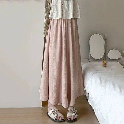 2025 New Women's High Elastic Waist Long Skirts Summer Solid Casual Loose Pleated Maxi Skirt Fashion Streetwear Big Swing Skirts