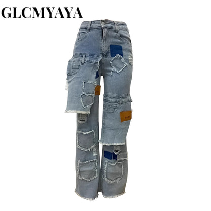 GLCMYAYA Women's Straight Ripped  Jeans 2025 New Fashion Street Pocket Patchwork Sexy Long Pants Trousers Blue Vintage Pants
