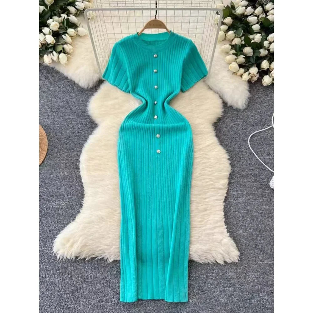 Chic O-neck Elegant Short Sleeve Slim Single Breasted Knit Dress High Street Women Vintage Korean Office Lady Casual Clothing