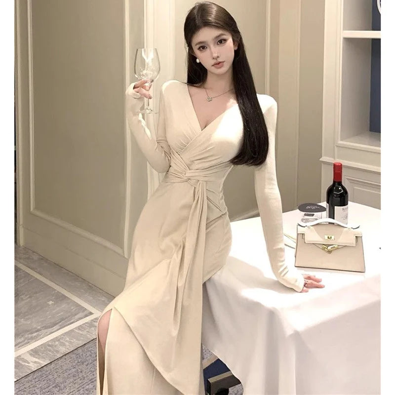 2025 Lady Chic Designer V-neck Dress Spring Women Elegant Lace Up Party Dress Female Irregular Solid Color Slim Fit Thin Dress