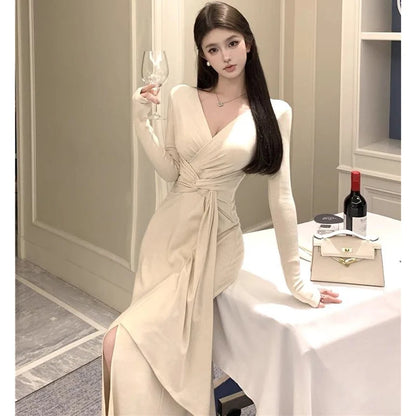 2025 Lady Chic Designer V-neck Dress Spring Women Elegant Lace Up Party Dress Female Irregular Solid Color Slim Fit Thin Dress