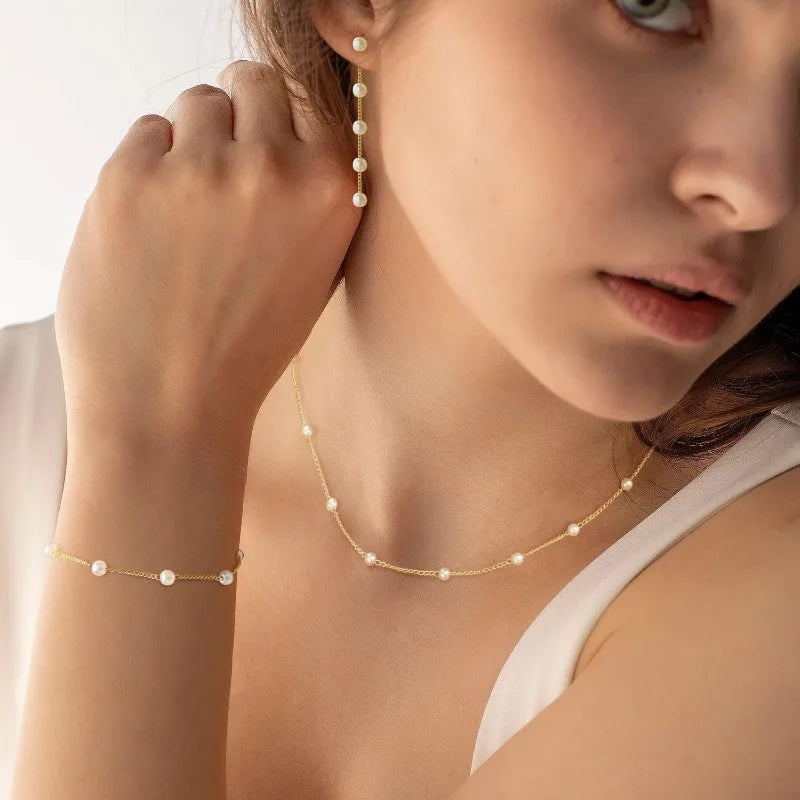 Gold Jewelry Set for Women, Dainty 14K Gold/Silver Plated Pearl Necklace and Earring Set with Drop Earrings Bracelets Necklace