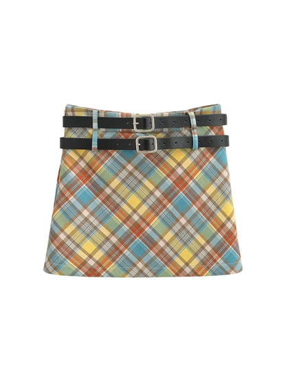 WOMENGAGA Fashion Women Mini Skirts High Waist Slim Double Waistband Plaid Skirt Hip Short Skirt Sweet Spice Girls A8P1