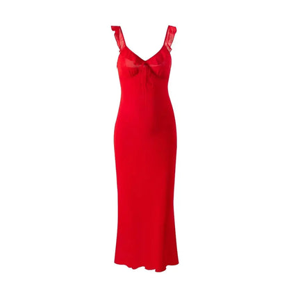 2024 Summer New Homemade Misty Elegant Gentle Sexy Style Flower V-neck Low cut Diagonal Cut Silk Dress