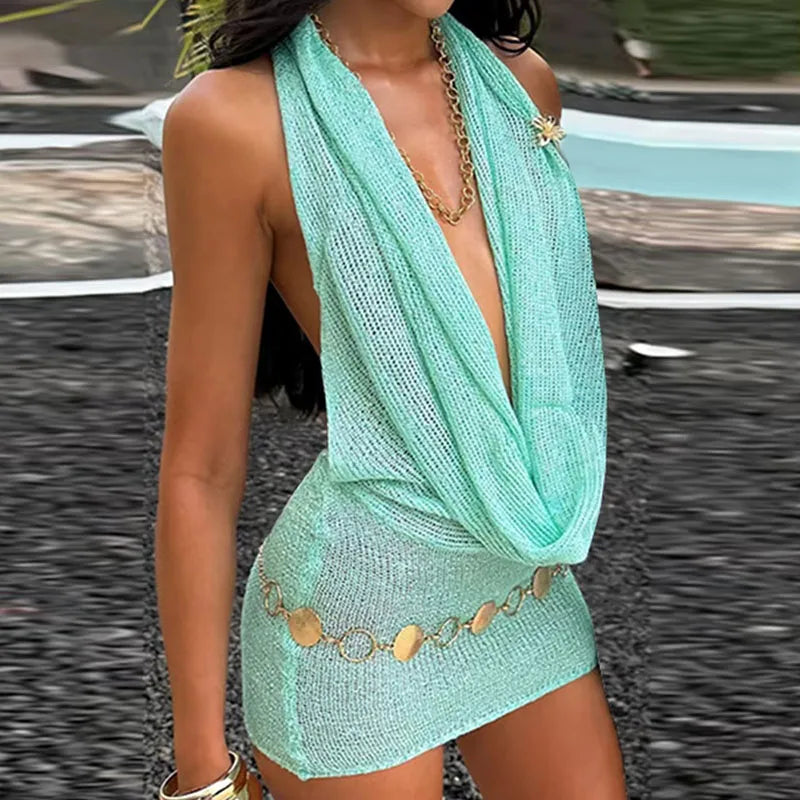 Sexy Sequin Halter Mini Dress Women Knit Shiny V-neck Sleeveless Backless Sleeveless Short Dresses 2025 Summer Party Club Robes
