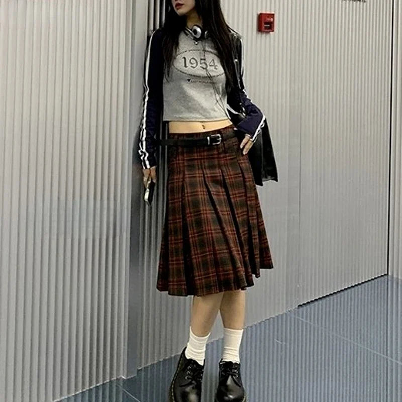 Low Waist Pleated Skirts Women Plaid Knee-length Autumn Korean Fashion Preppy Style All-match Casual Students Vintage Literary