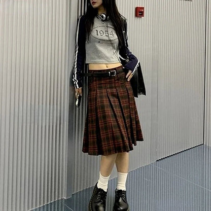 Low Waist Pleated Skirts Women Plaid Knee-length Autumn Korean Fashion Preppy Style All-match Casual Students Vintage Literary