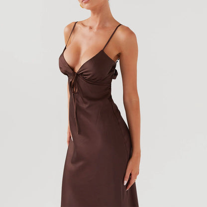 Combhasaki Women's Elegant Solid Color Adjustable Thin Shoulder Straps Cutout Tie-Up Front Backless Summer Long Cami Silky Dress