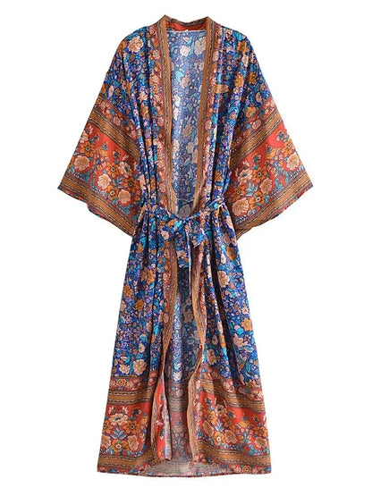 Vintage Chic Women Multi Floral Print Sashes Beach Bohemian Kimono Ladies V Neck Batwing Sleeves Maxi Robe Boho Bikini Cover-ups