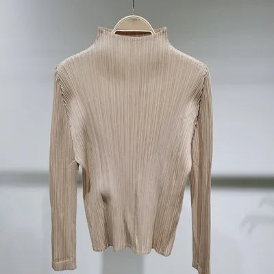 Miyake Pleated T-Shirt Woman Stand Collar Solid Color Loose Wild Full Sleeve Pullover Tops Causal Style Over Size Fall 2022 New