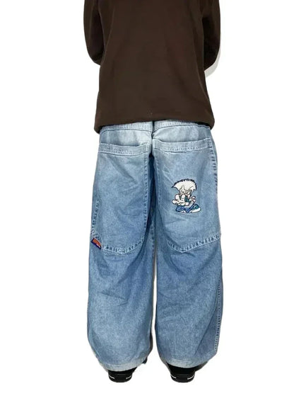 Y2K Baggy Jeans Women Cartoon Characters Embroidered Light Blue Washed Denim Jeans Harajuku Goth Skateboard Pants Street Clothes
