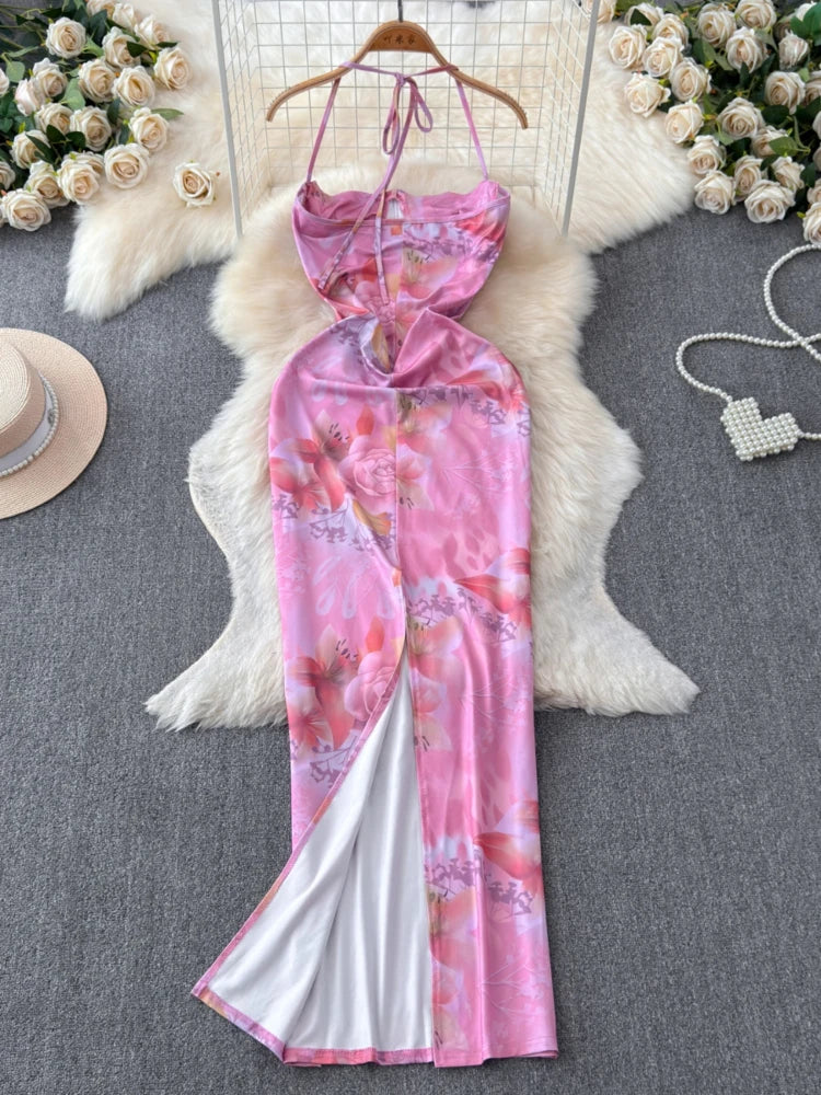 Foamlina Sexy Floral Print Halter Maxi Dress Women Elegant Sleeveless Fishbone Skinny Fit Bodycon Back Split Evening Party Dress