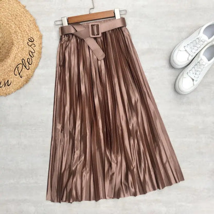 Seoulish 2025 New Solid Elegant Stain Women's Pleated Skirts with Belted High Waist Skirts Mi-long Umbrella Skirt Spring Summer