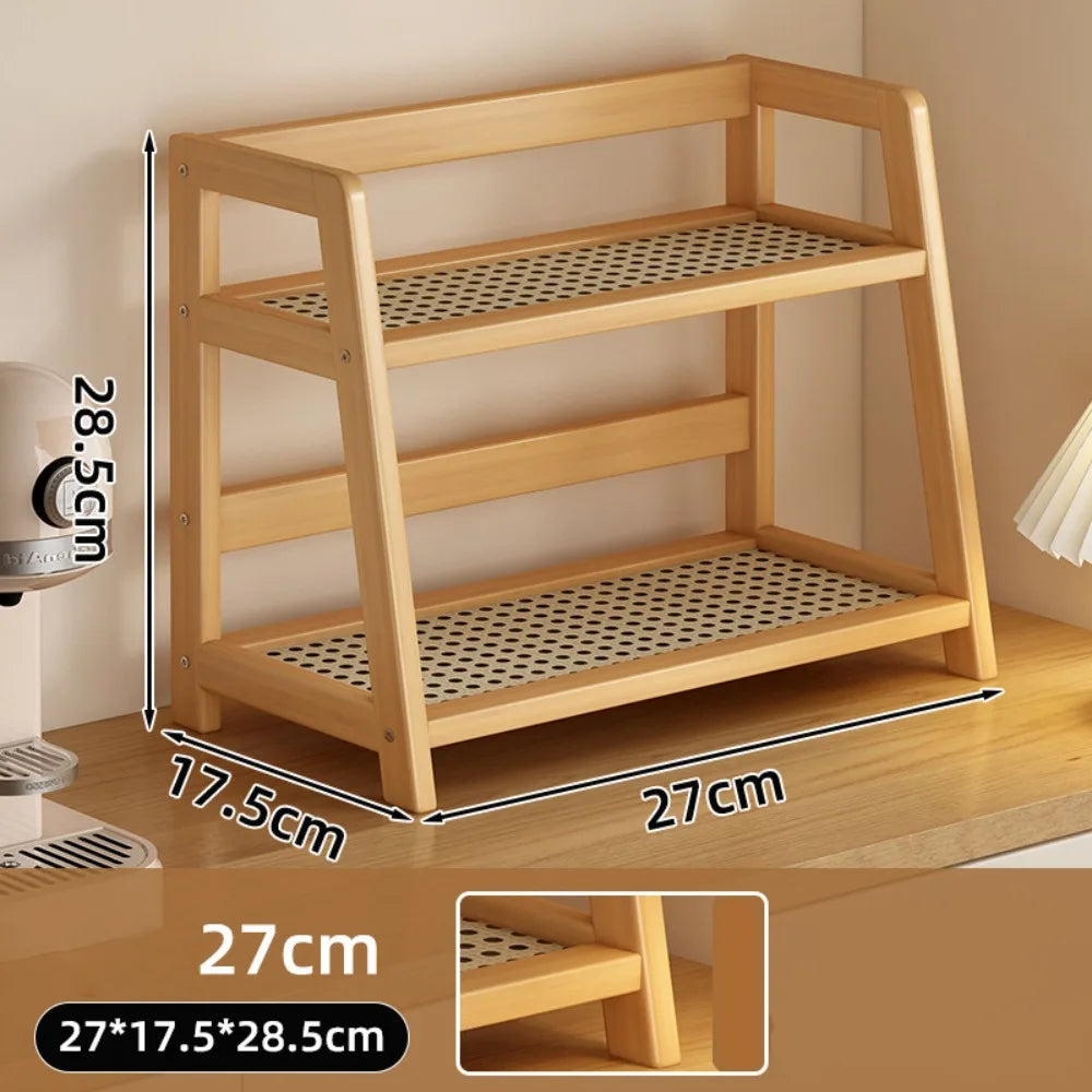 Display Rack Spice Rack Wooden Storage Shelf for Kitchen Rattan Desktop Organizer for Countertop Makeup Organizer