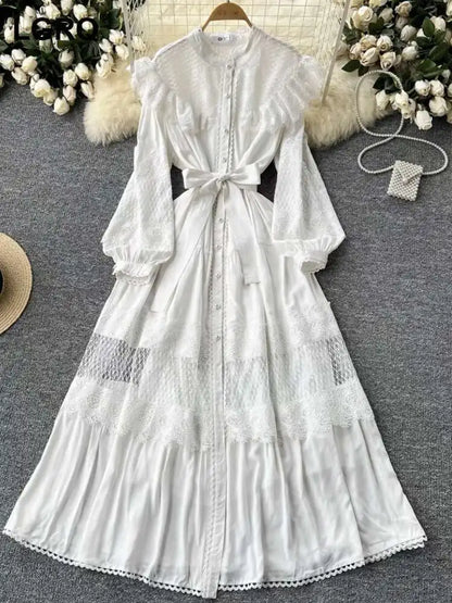 LGRQ For Women's Lace-up Single Breasted Lace Dress Fashion Hollow Out Bead Button Round Neck Dresses 2025 Autumn New Clothing