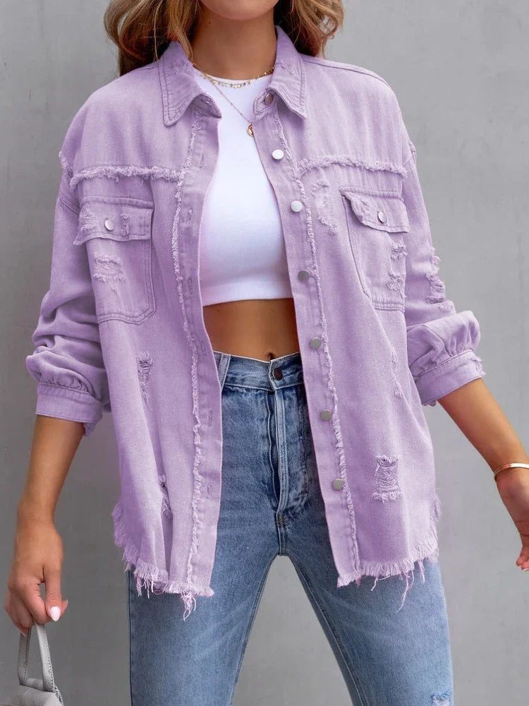 Spring Autumn Denim Women's Jacket Rough Selvedge Ripped Loose Fit Long Sleeve Korean Fashion Female Top