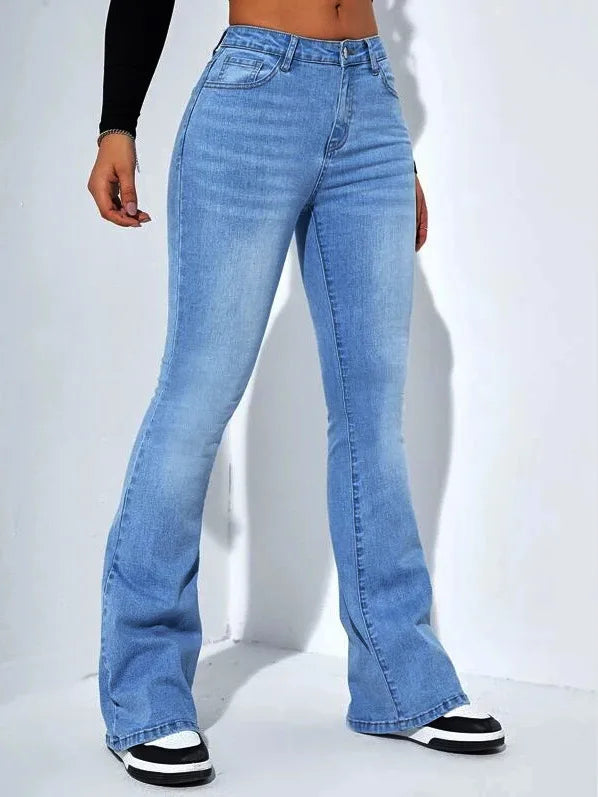 Denim Flare Pants Women Jeans Long Pants Slim Fit High Waist Straight Trousers Y2k Streetwear Simple Elegant Work Blue 2025