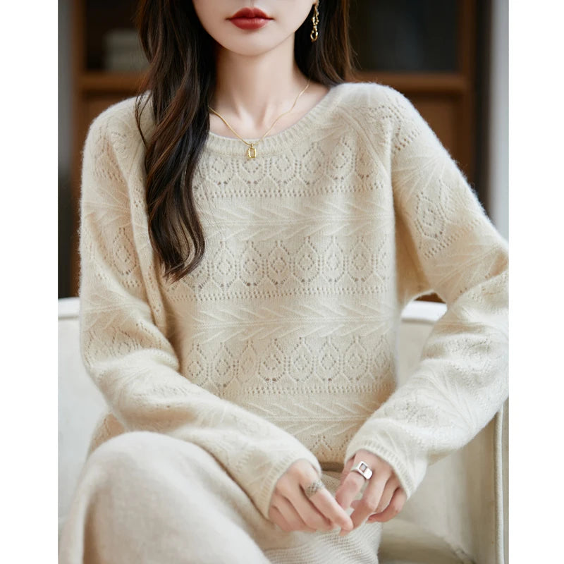 New Arrival Women's Hollow Out 100% Wool Knitted Sweater Round Neck Long Sleeve Slim Fit Breathable Pullover Versatile Daily Top